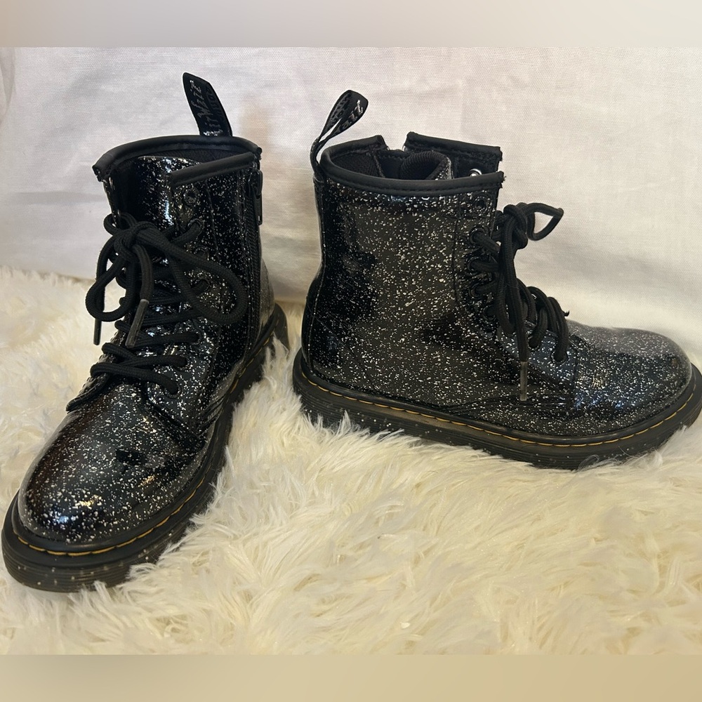 Kids black and silver sparkly Dr. Martens boots
